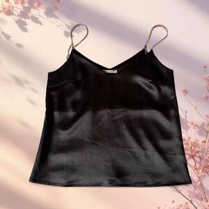 True vintage Y2K European black satin cami top with jeweled straps